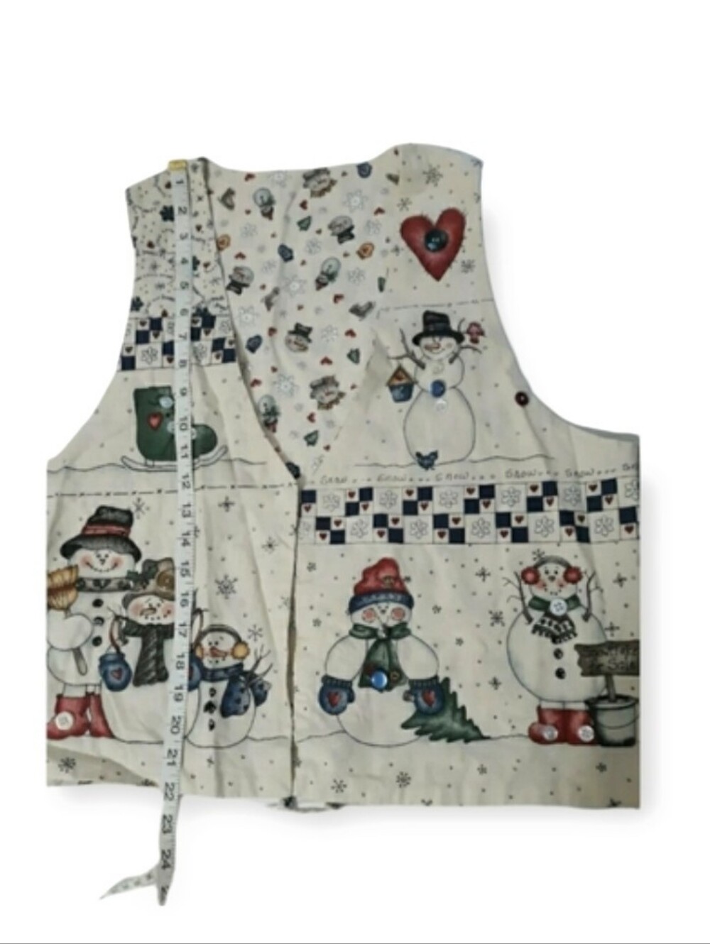 Vintage Snowman & Snowflake Print Holiday Vest Tie Back Size M/L